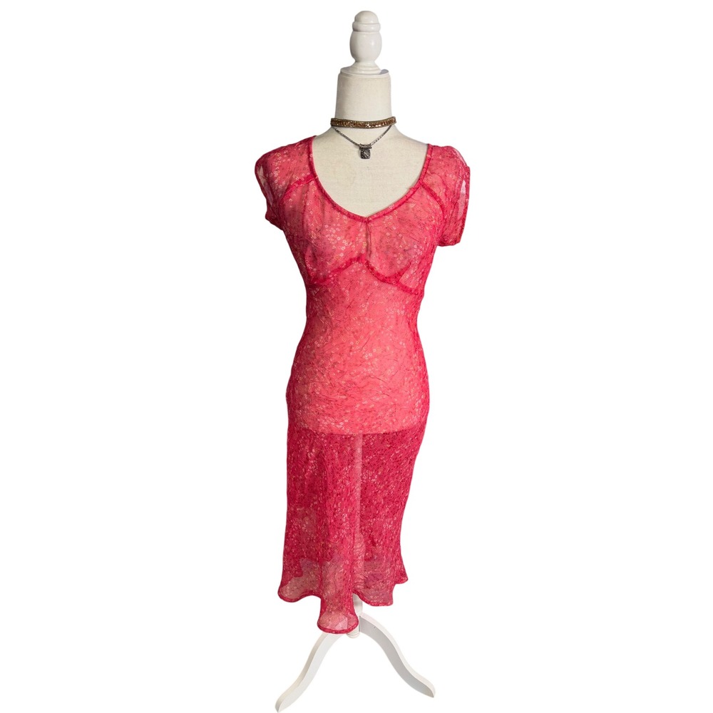 Y2K Giorgio Fiorlito Sheer Pink Floral Midi Dress Cover Up Mesh Fairy Grunge 7/8